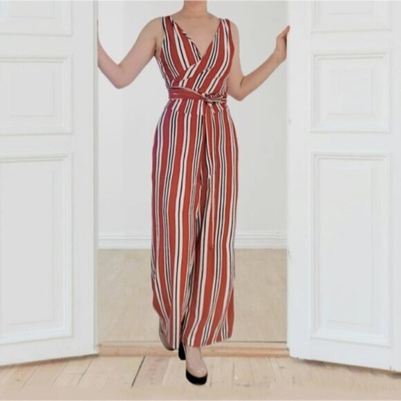 BERSHKA Europe Striped V neck Tie Waist Wide Leg Jumpsuit - Picture 8 of 16